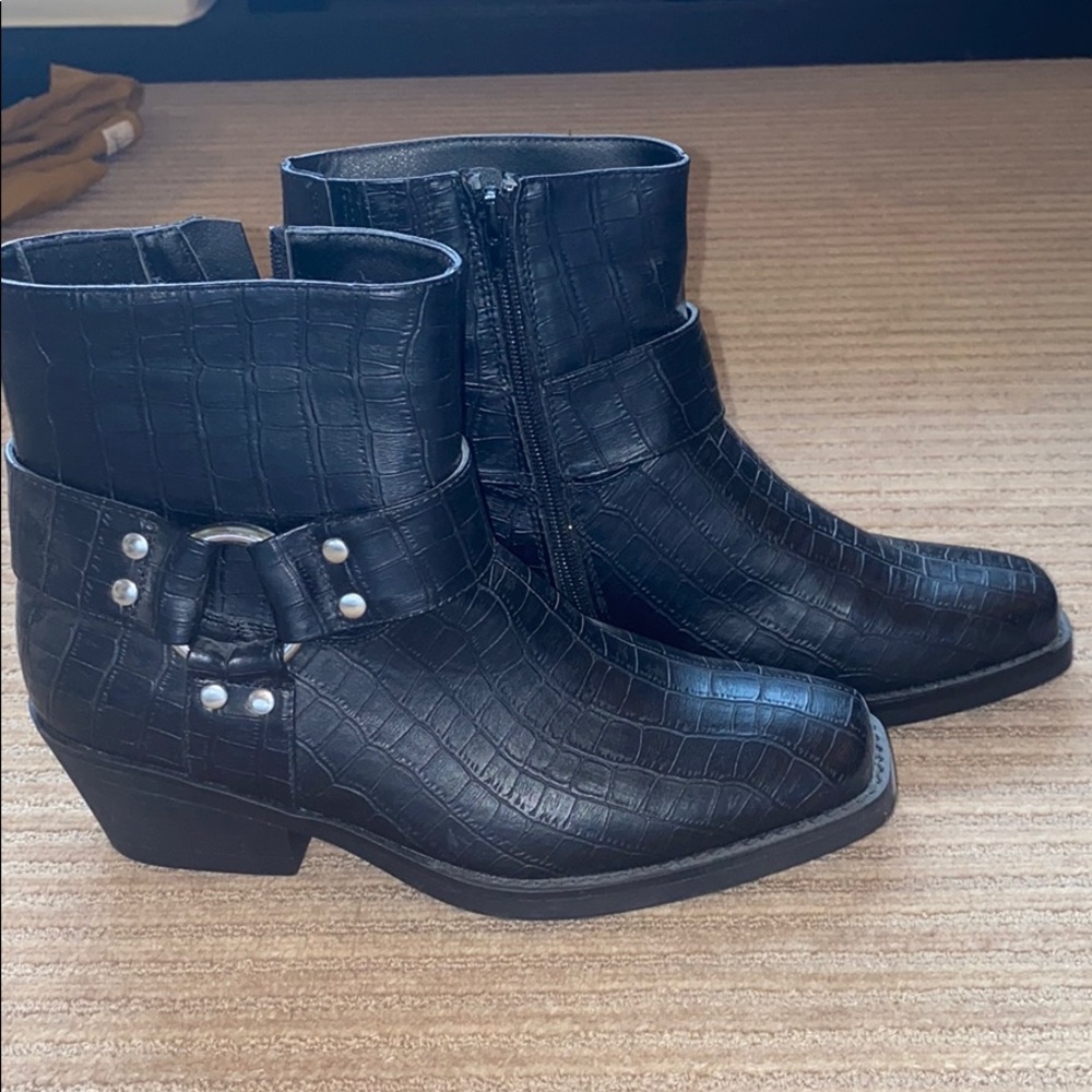 Revolve black snake skin booties